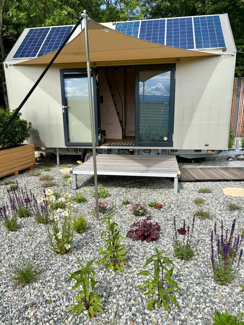 Shade sail and solar panels of Johanka Hutka — self-sufficient off-grid operation