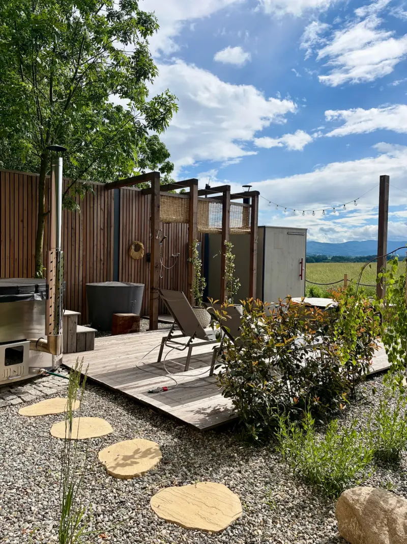 Private wellness area at Johanka — sauna, hot tub and cold-plunge barrel