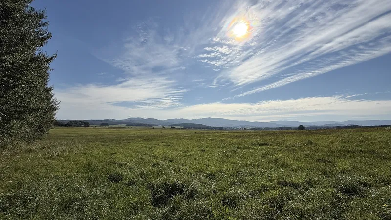 Summer view from the cabin — green meadow and Rychleby Mountains on the horizon