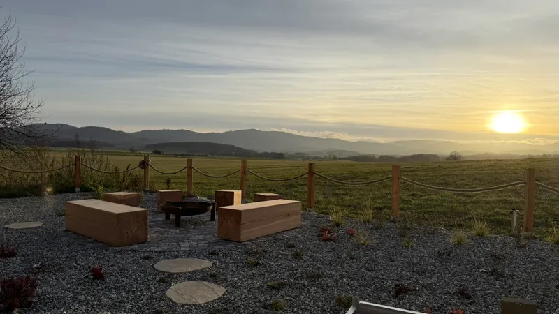 Sunset with mountain view — seating around the fire pit